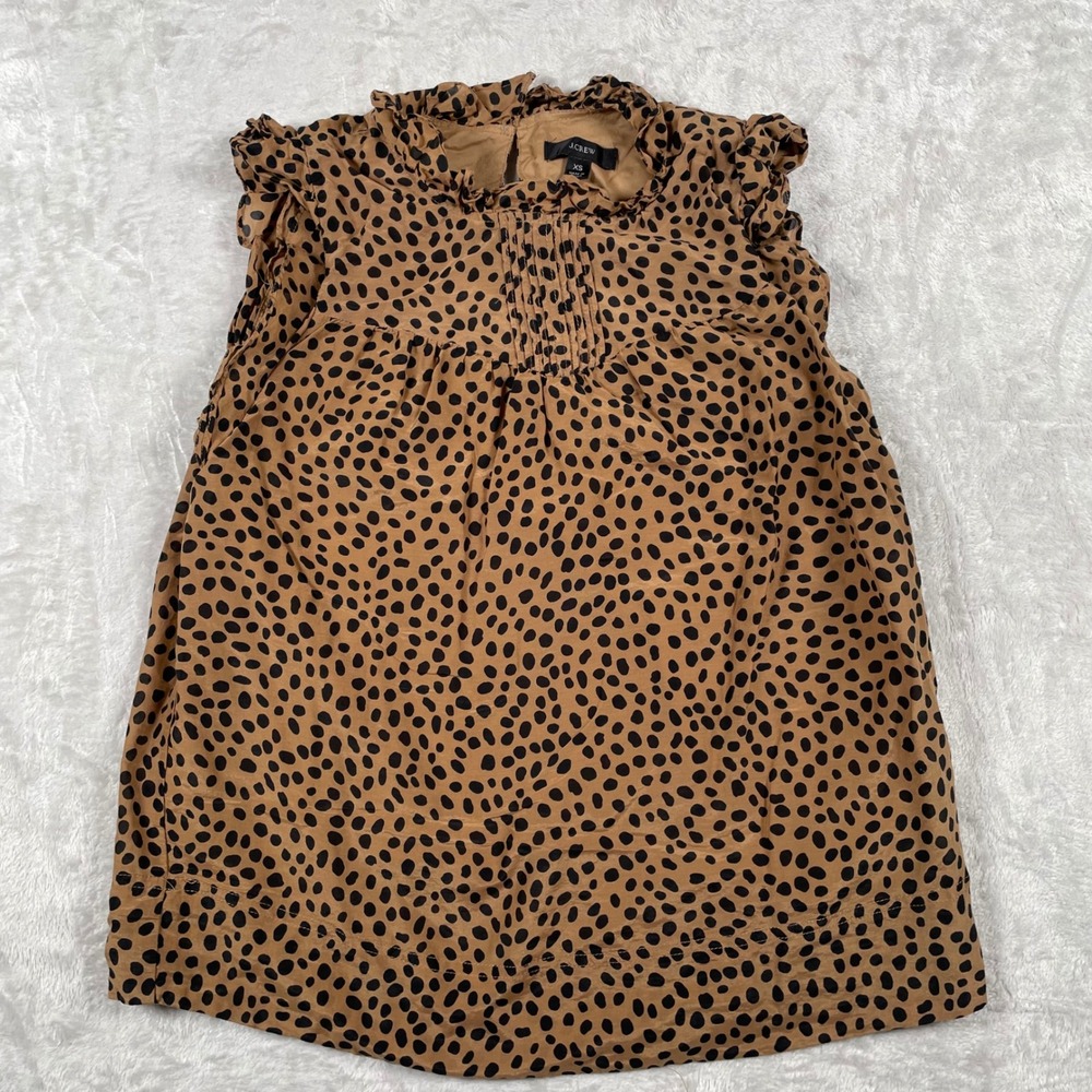J. Crew Sleeveless Ruffle Neck Top Blouse Spotted Animal Print Tan Brown XS